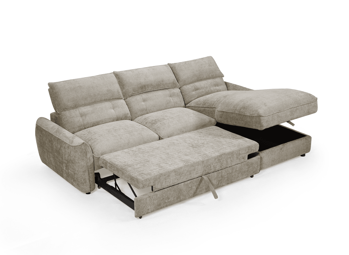 Canapé d'angle convertible avec coffre de rangement en velours chiné taupe SAMINA - Angle droit - DécoInParis