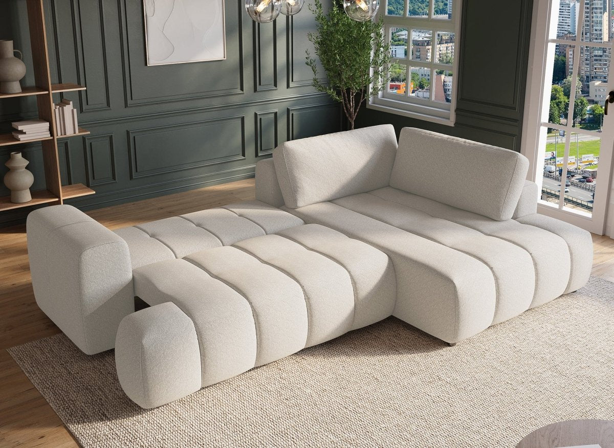 Canapé d'angle convertible avec coffre en tissu beige HAVEN - Angle droit - DécoInParis