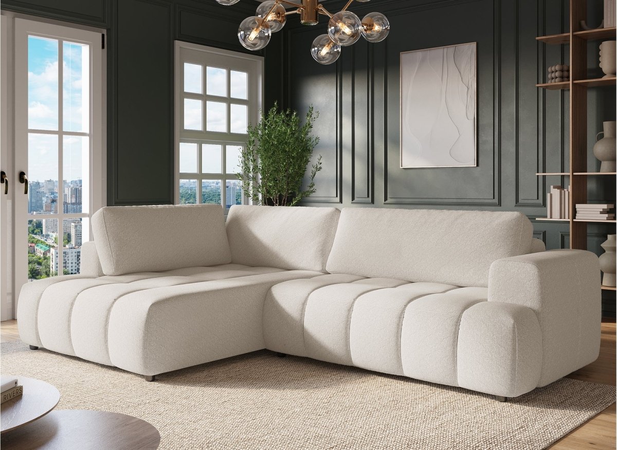 Canapé d'angle convertible avec coffre en tissu beige HAVEN - Angle gauche - DécoInParis
