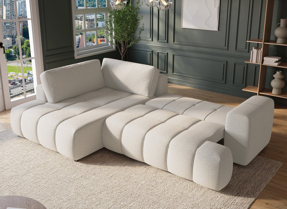 Canapé d'angle convertible avec coffre en tissu beige HAVEN - Angle gauche - DécoInParis