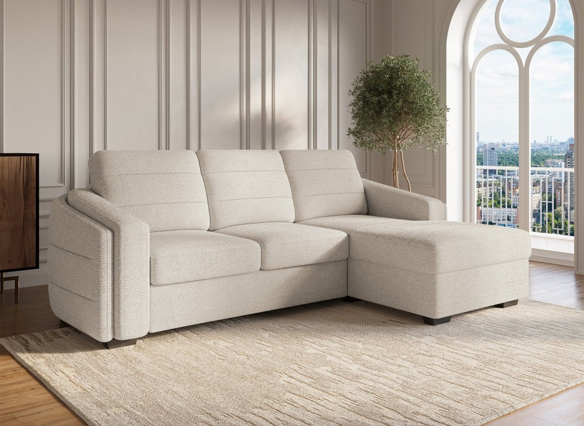 Canapé d'angle convertible avec coffre en tissu bouclette beige CALANDRA - Angle droit - DécoInParis