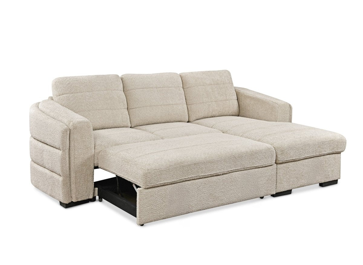 Canapé d'angle convertible avec coffre en tissu bouclette beige CALANDRA - Angle droit - DécoInParis