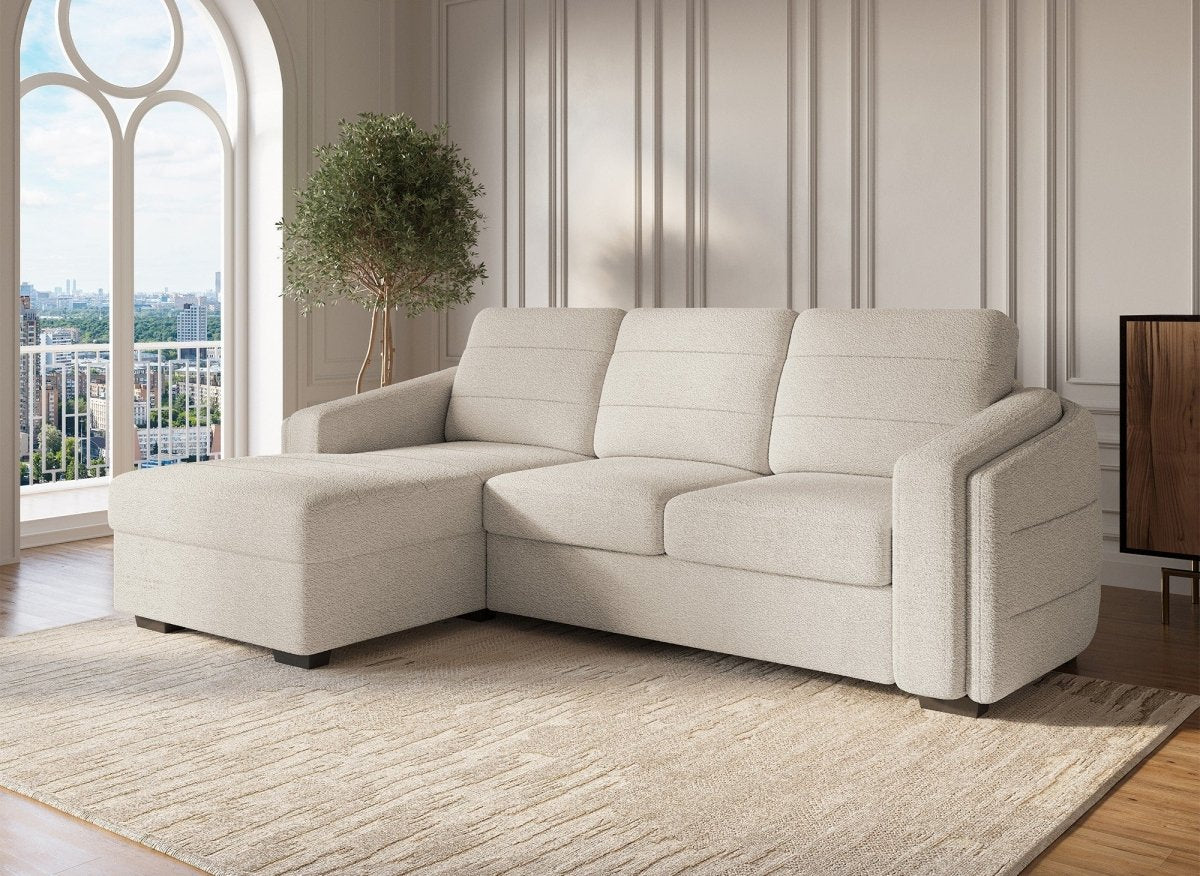 Canapé d'angle convertible avec coffre en tissu bouclette beige CALANDRA - Angle gauche - DécoInParis