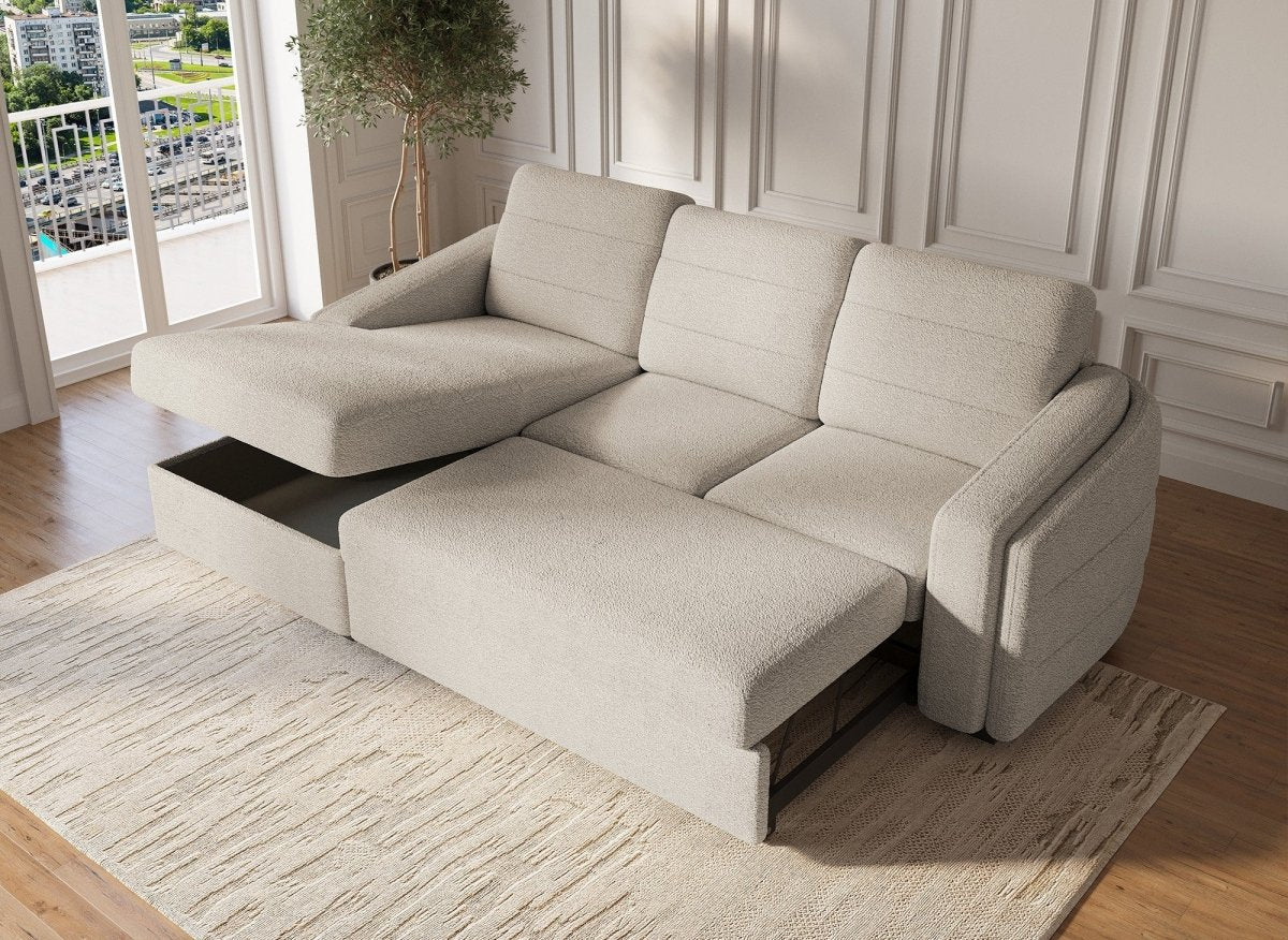 Canapé d'angle convertible avec coffre en tissu bouclette beige CALANDRA - Angle gauche - DécoInParis