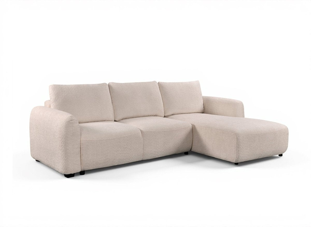Canapé d'angle convertible avec coffre en tissu bouclette beige MARLA - Angle droit - DécoInParis
