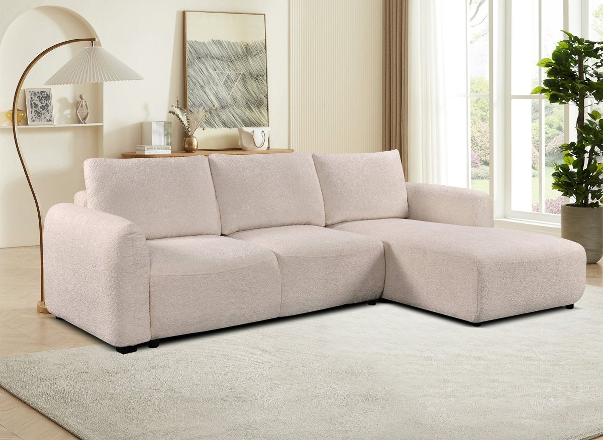 Canapé d'angle convertible avec coffre en tissu bouclette beige MARLA - Angle droit - DécoInParis