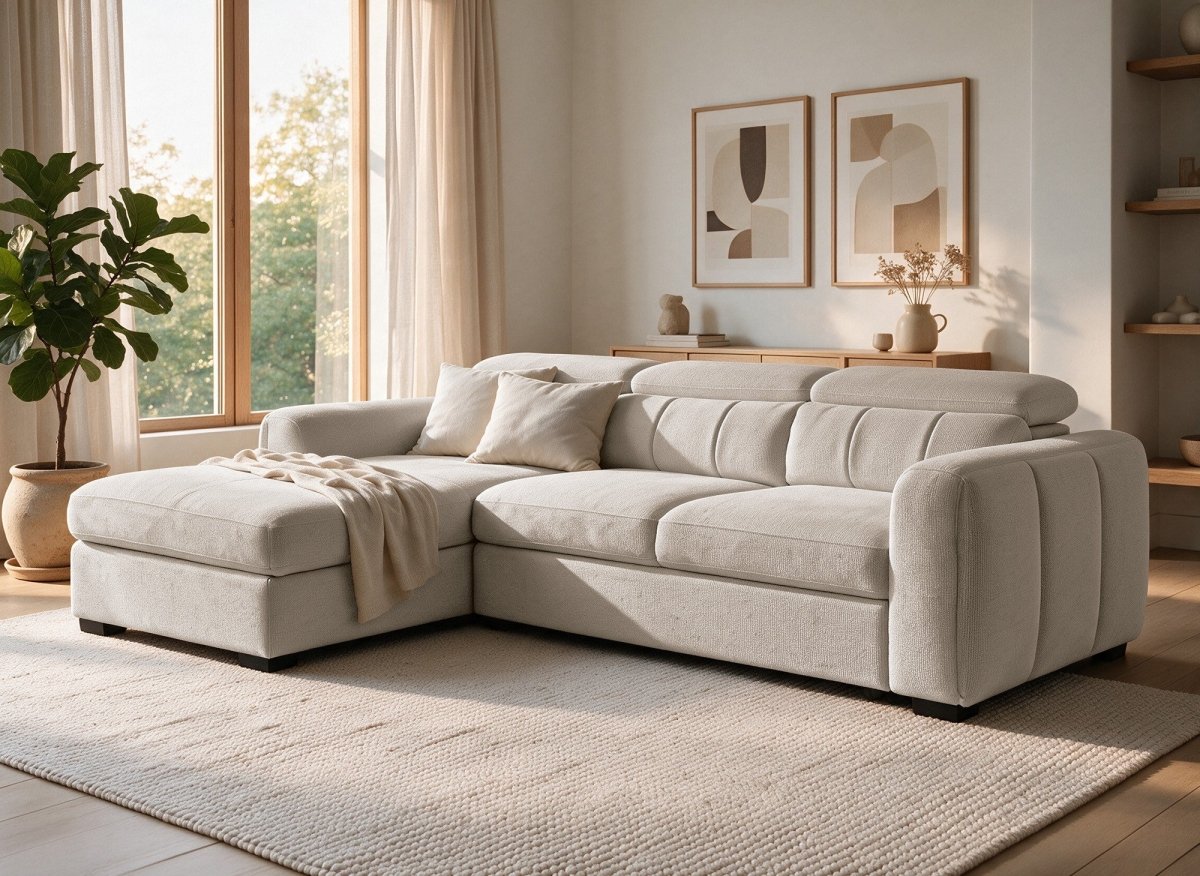Canapé d'angle convertible avec coffre en tissu bouclette beige NAOMI - Angle gauche - DécoInParis