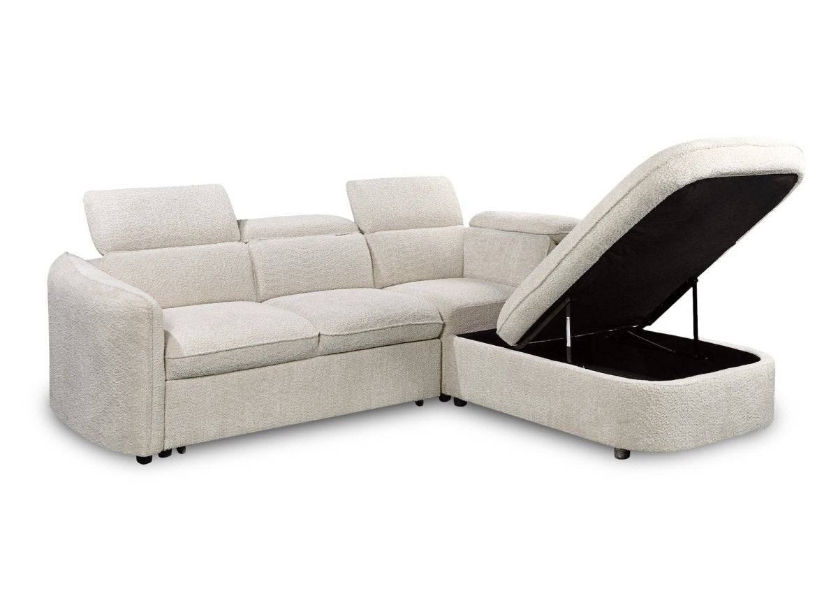 Canapé d'angle convertible avec coffre en tissu bouclette écru BAYA - angle droit - DécoInParis