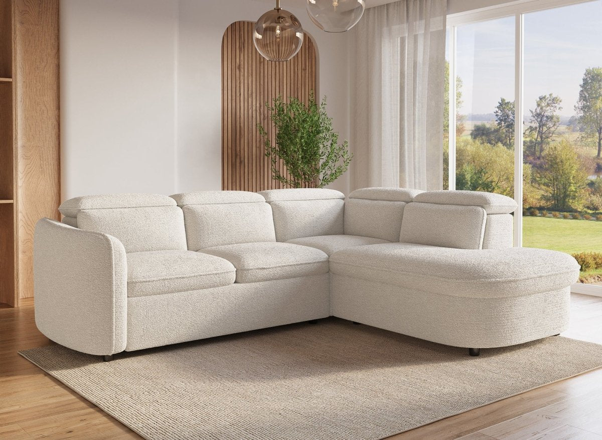 Canapé d'angle convertible avec coffre en tissu bouclette écru BAYA - angle droit - DécoInParis