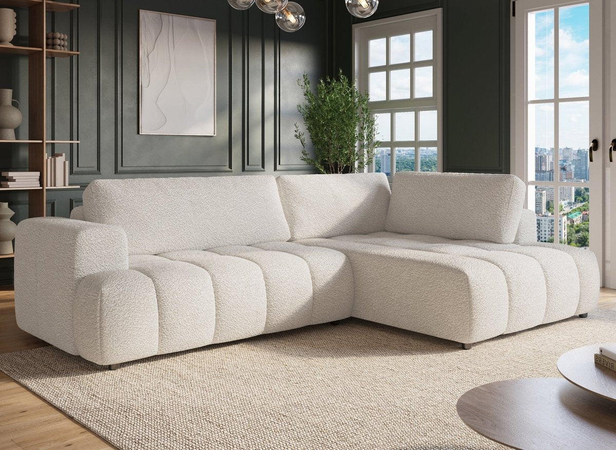 Canapé d'angle convertible avec coffre en tissu bouclette écru HAVEN - Angle droit - DécoInParis