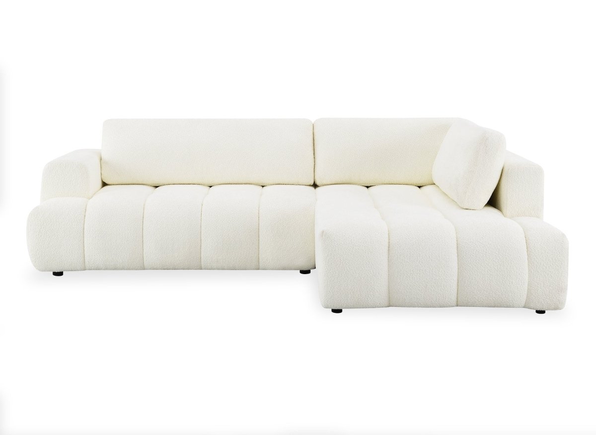 Canapé d'angle convertible avec coffre en tissu bouclette écru HAVEN - Angle droit - DécoInParis