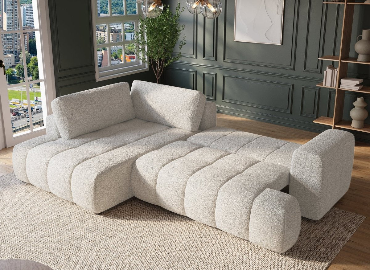 Canapé d'angle convertible avec coffre en tissu bouclette écru HAVEN - Angle gauche - DécoInParis