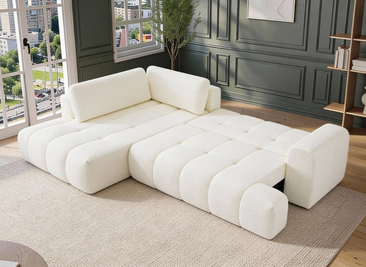 Canapé d'angle convertible avec coffre en tissu bouclette écru HAVEN - Angle gauche - DécoInParis