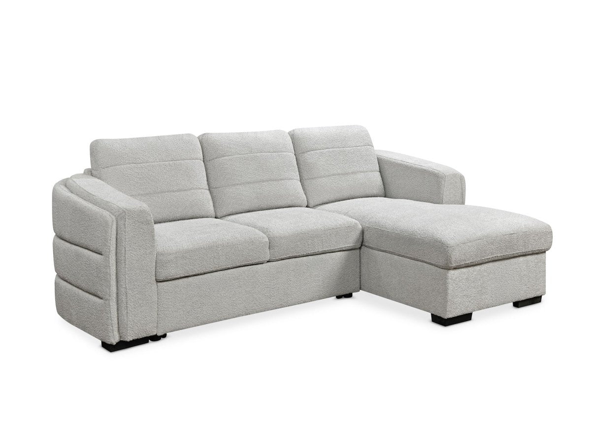 Canapé d'angle convertible avec coffre en tissu bouclette gris clair CALANDRA - Angle droit - DécoInParis