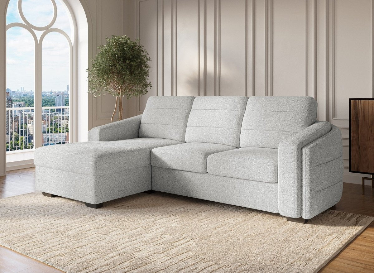 Canapé d'angle convertible avec coffre en tissu bouclette gris clair CALANDRA - Angle gauche - DécoInParis