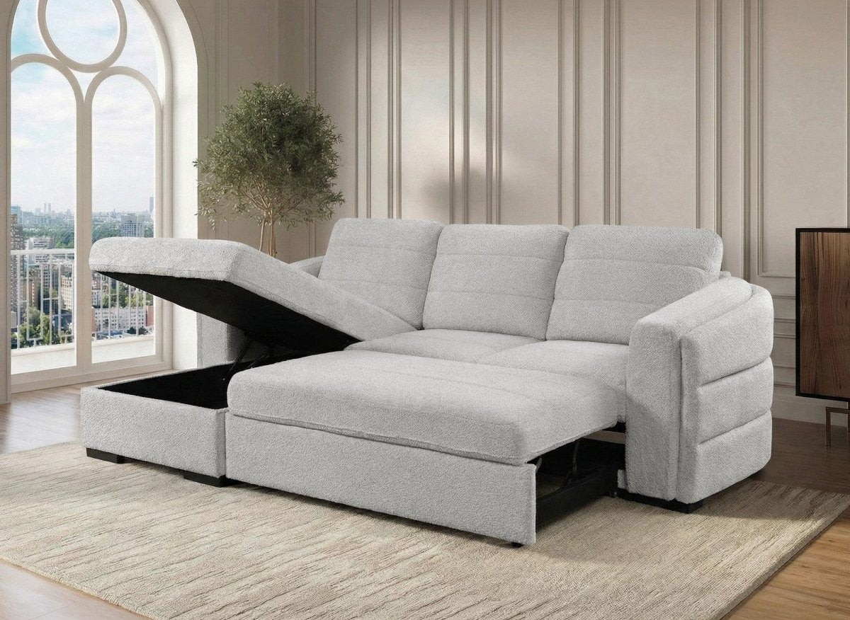 Canapé d'angle convertible avec coffre en tissu bouclette gris clair CALANDRA - Angle gauche - DécoInParis