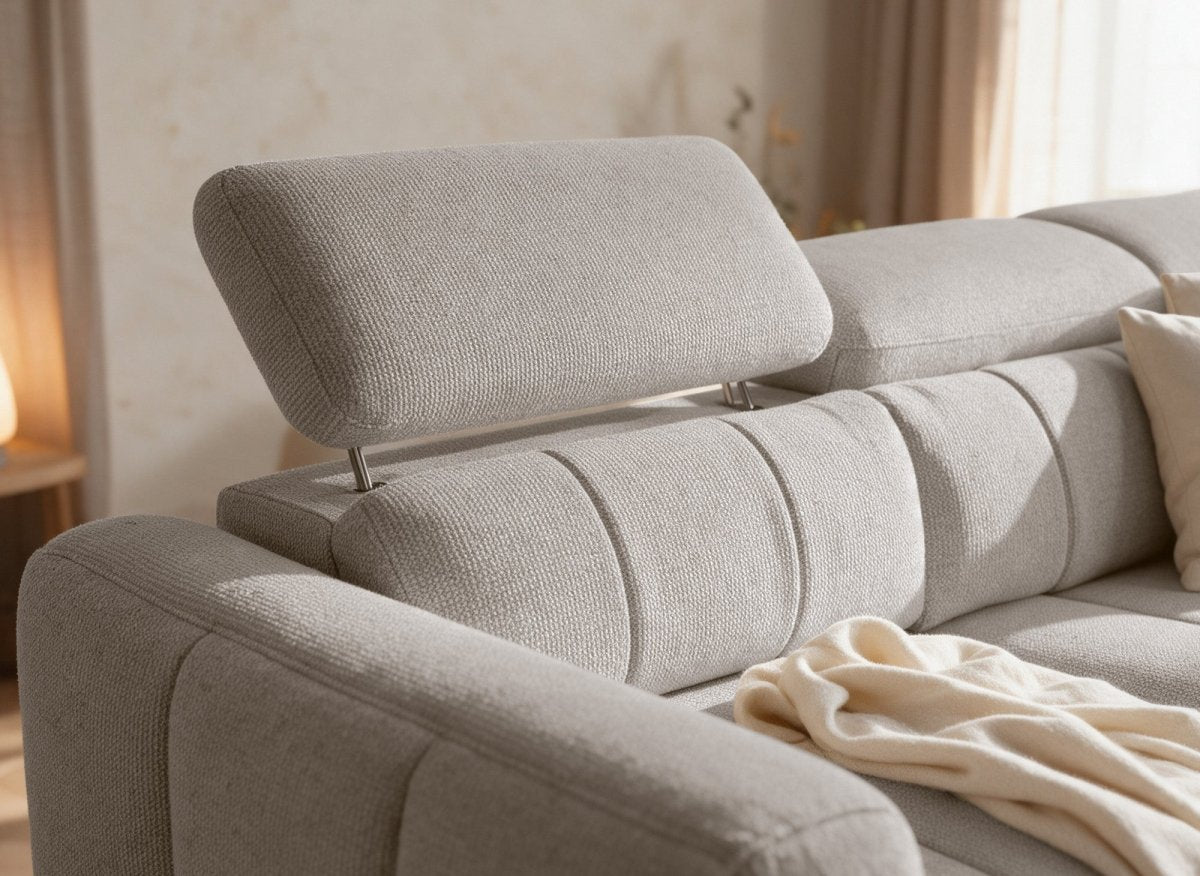 Canapé d'angle convertible avec coffre en tissu bouclette taupe NAOMI -Angle droit - DécoInParis