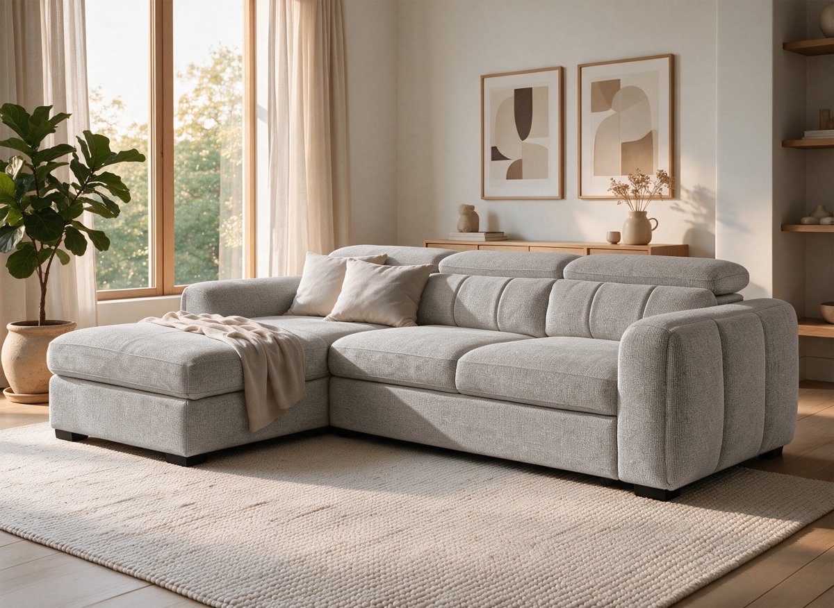 Canapé d'angle convertible avec coffre en tissu bouclette taupe NAOMI -Angle gauche - DécoInParis