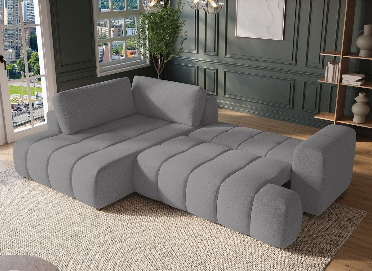 Canapé d'angle convertible avec coffre en tissu gris HAVEN - Angle gauche - DécoInParis