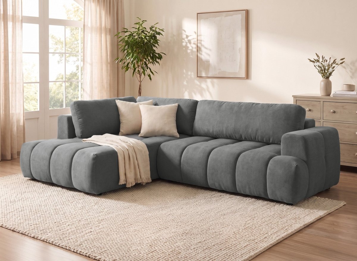 Canapé d'angle convertible avec coffre en tissu gris HAVEN - Angle gauche - DécoInParis