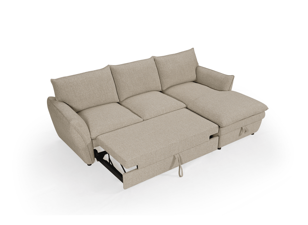 Canapé d'angle convertible avec coffre en tissu taupe CAPUCINE - Angle droit - DécoInParis