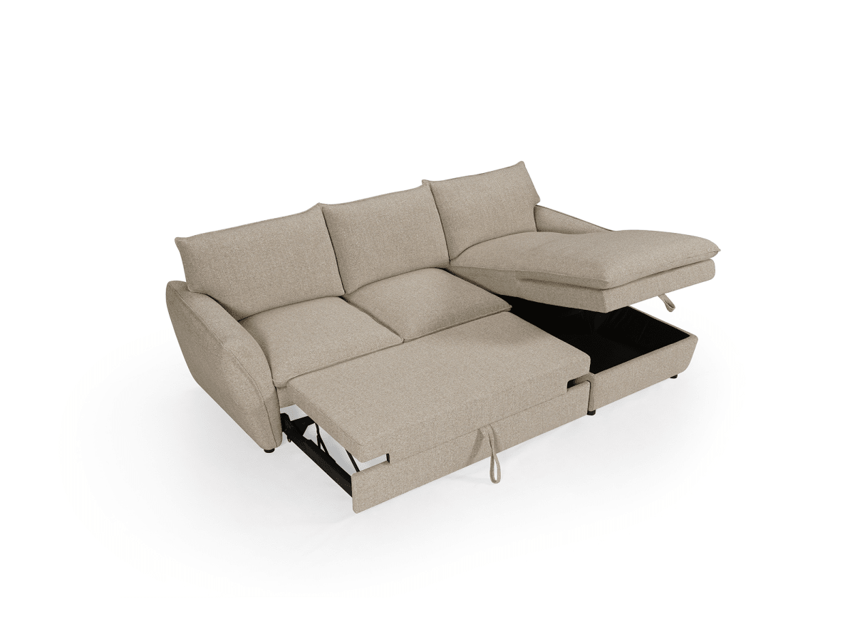 Canapé d'angle convertible avec coffre en tissu taupe CAPUCINE - Angle droit - DécoInParis