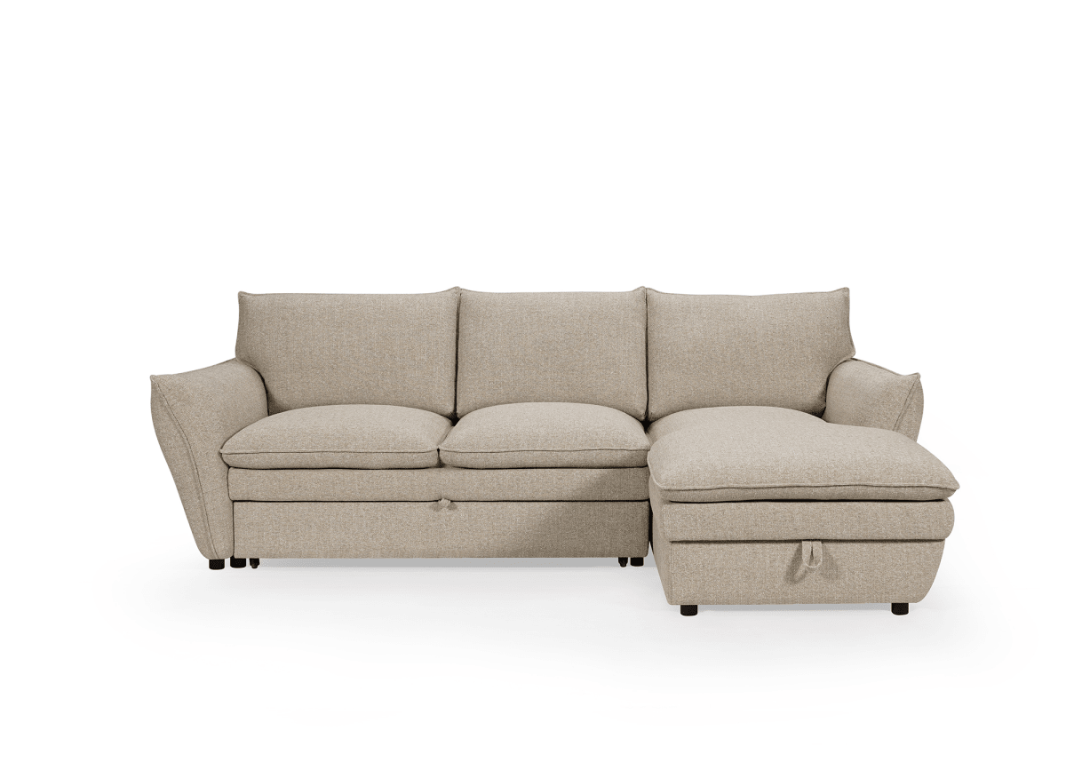 Canapé d'angle convertible avec coffre en tissu taupe CAPUCINE - Angle droit - DécoInParis
