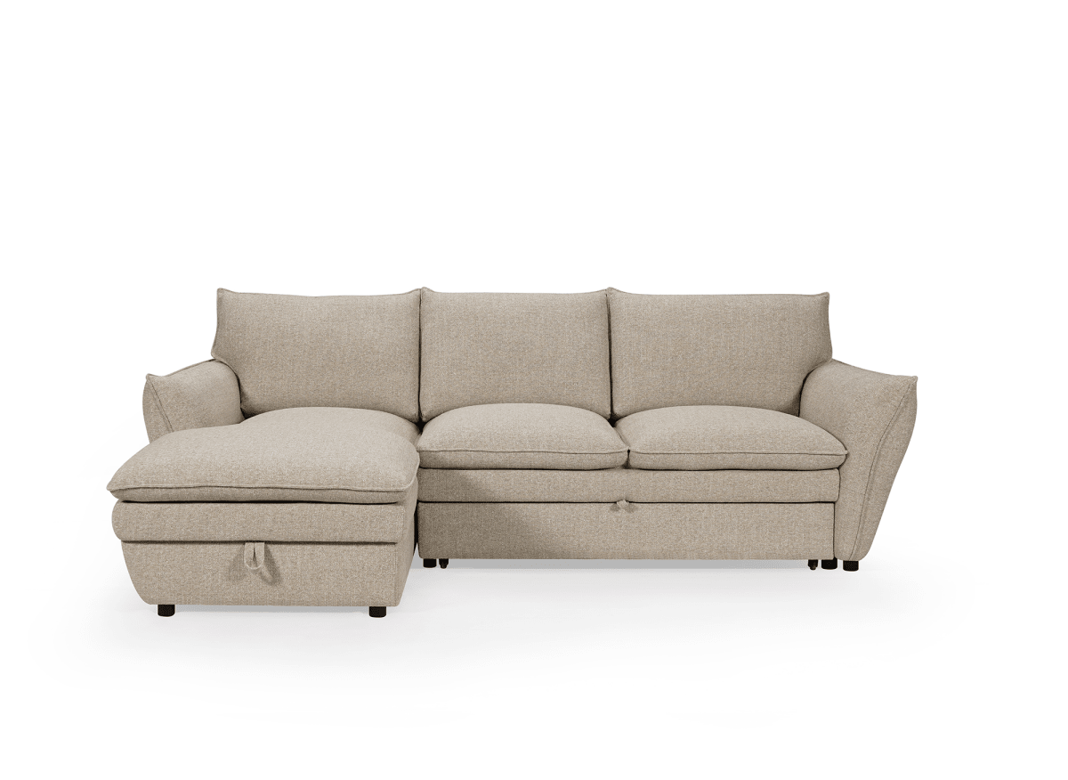 Canapé d'angle convertible avec coffre en tissu taupe CAPUCINE - Angle gauche - DécoInParis