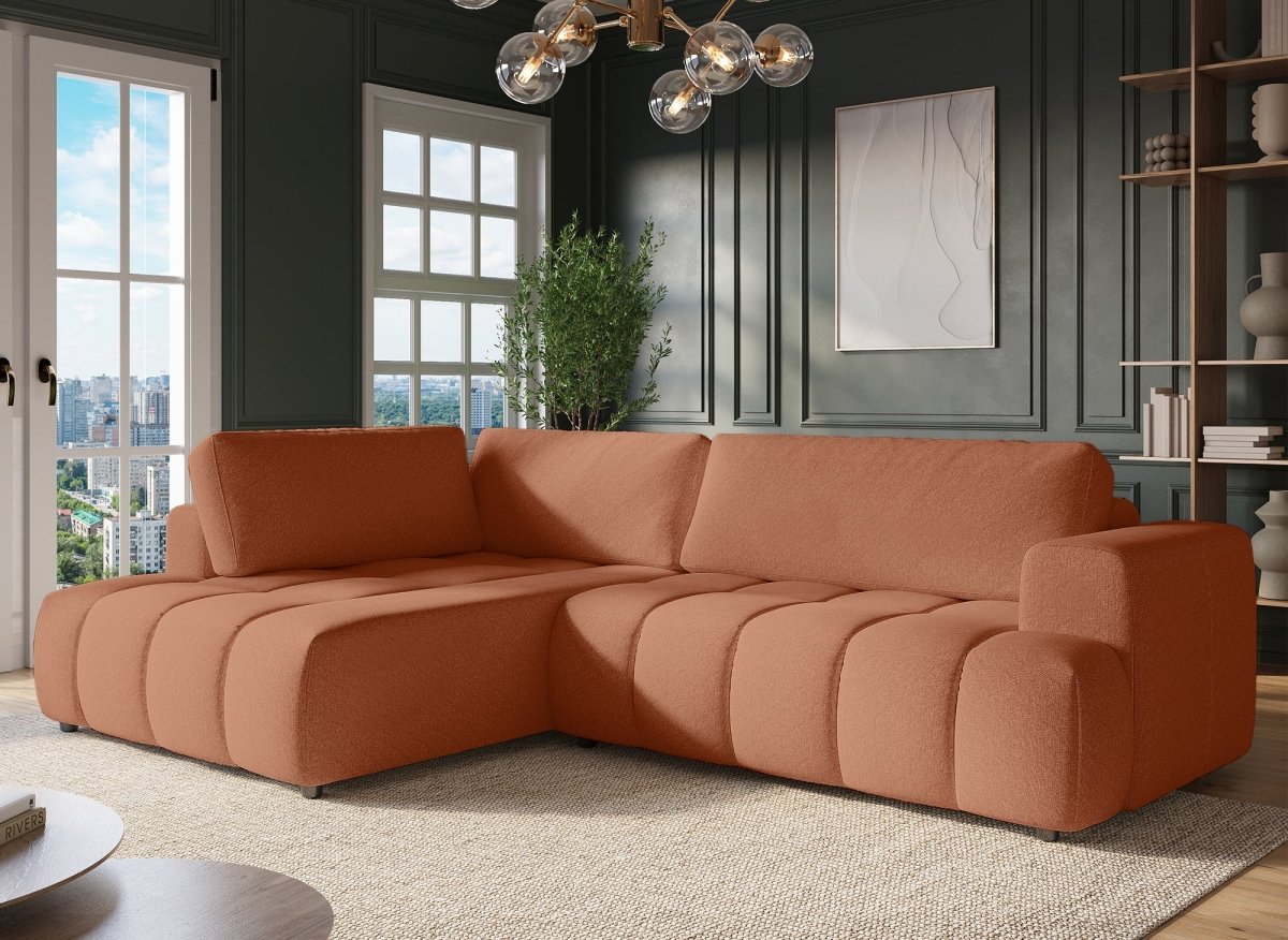 Canapé d'angle convertible avec coffre en tissu terracotta HAVEN - Angle gauche - DécoInParis