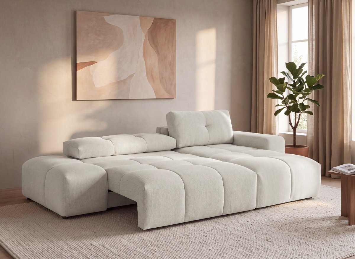 Canapé d'angle convertible avec coffre en tissu texturé beige ANGELINE - Angle droit - DécoInParis