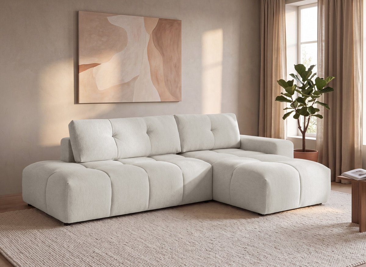 Canapé d'angle convertible avec coffre en tissu texturé beige ANGELINE - Angle droit - DécoInParis