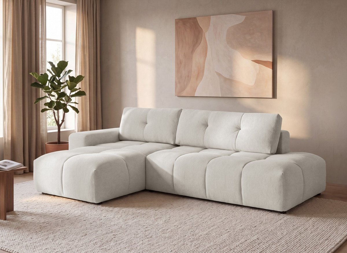 Canapé d'angle convertible avec coffre en tissu texturé beige ANGELINE - Angle gauche - DécoInParis