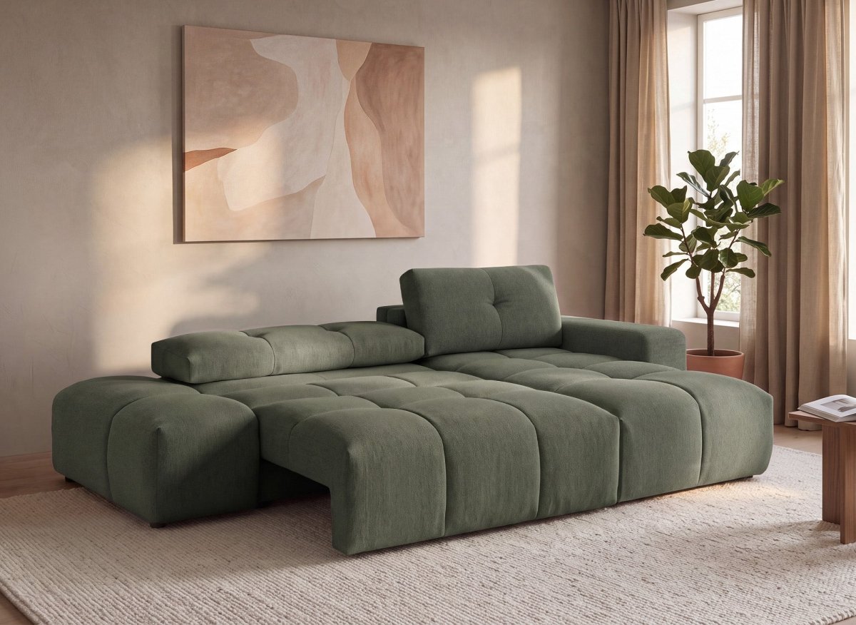 Canapé d'angle convertible avec coffre en tissu texturé vert olive ANGELINE - Angle droit - DécoInParis