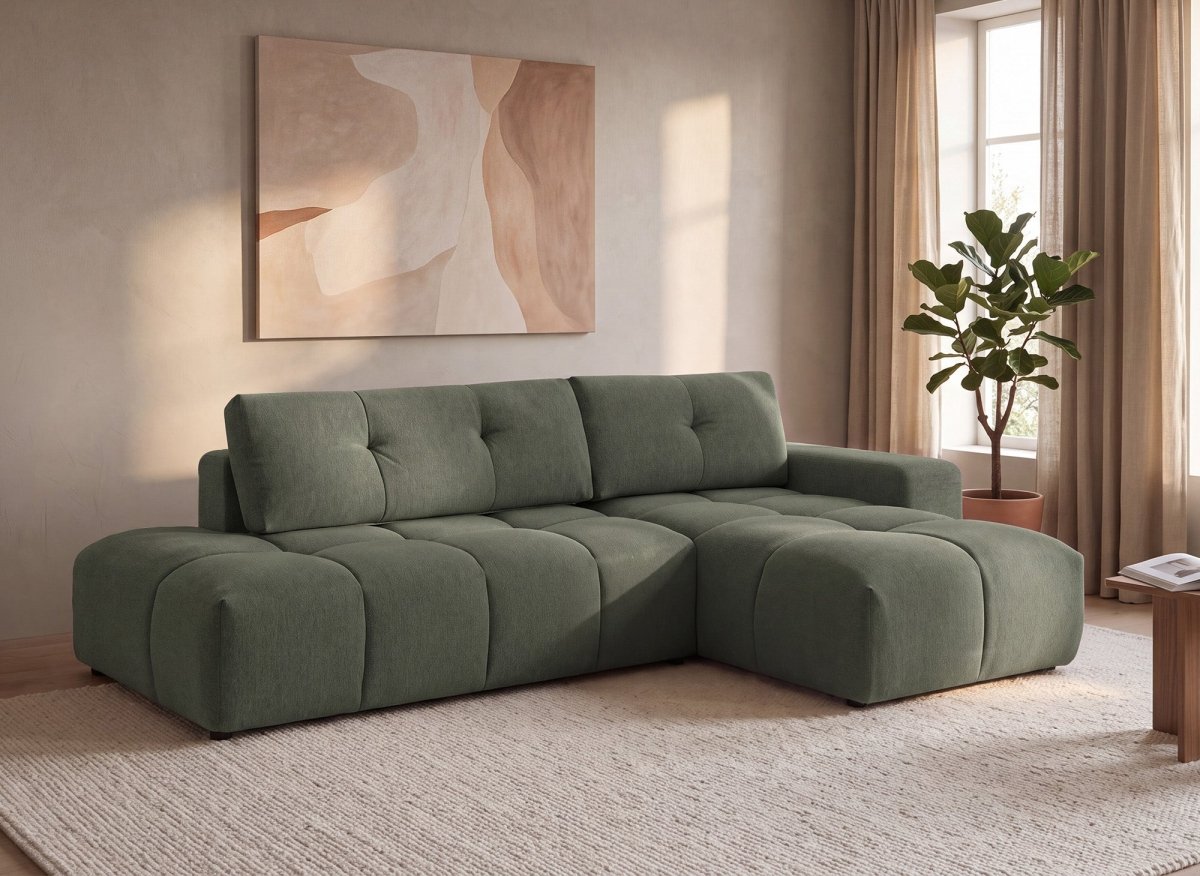 Canapé d'angle convertible avec coffre en tissu texturé vert olive ANGELINE - Angle droit - DécoInParis