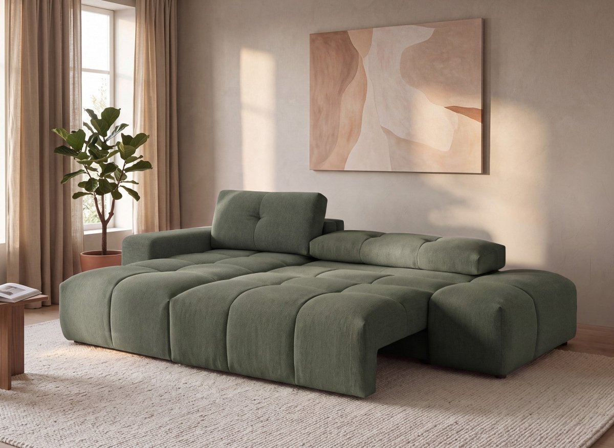 Canapé d'angle convertible avec coffre en tissu texturé vert olive ANGELINE - Angle gauche - DécoInParis
