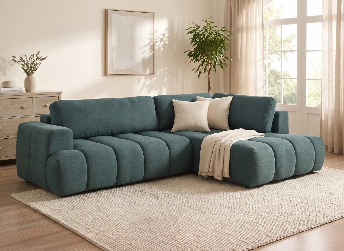 Canapé d'angle convertible avec coffre en tissu vert olive HAVEN - Angle droit - DécoInParis