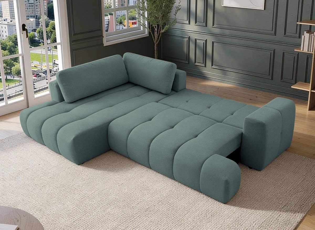 Canapé d'angle convertible avec coffre en tissu vert olive HAVEN - Angle gauche - DécoInParis