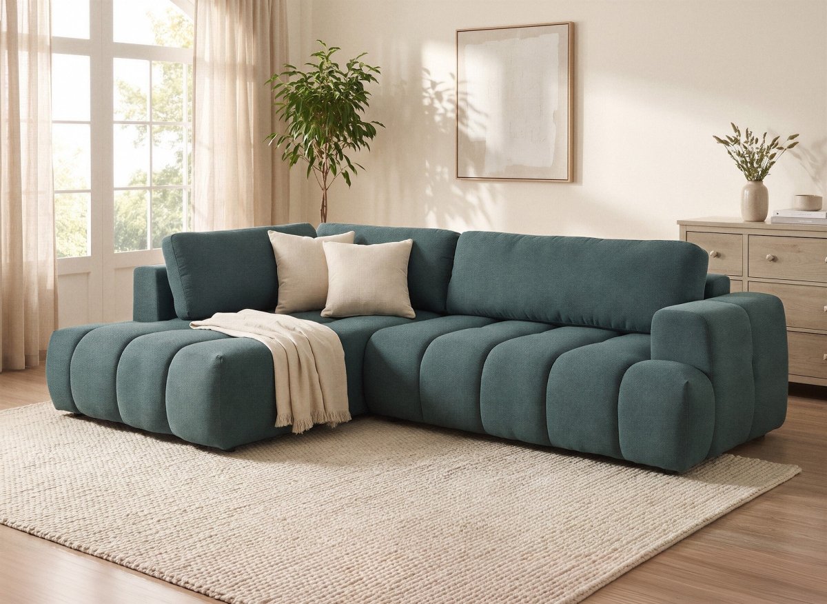 Canapé d'angle convertible avec coffre en tissu vert olive HAVEN - Angle gauche - DécoInParis