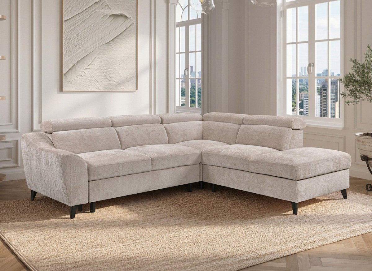 Canapé d'angle convertible avec coffre en velours chiné beige DALTON - Angle droit - DécoInParis