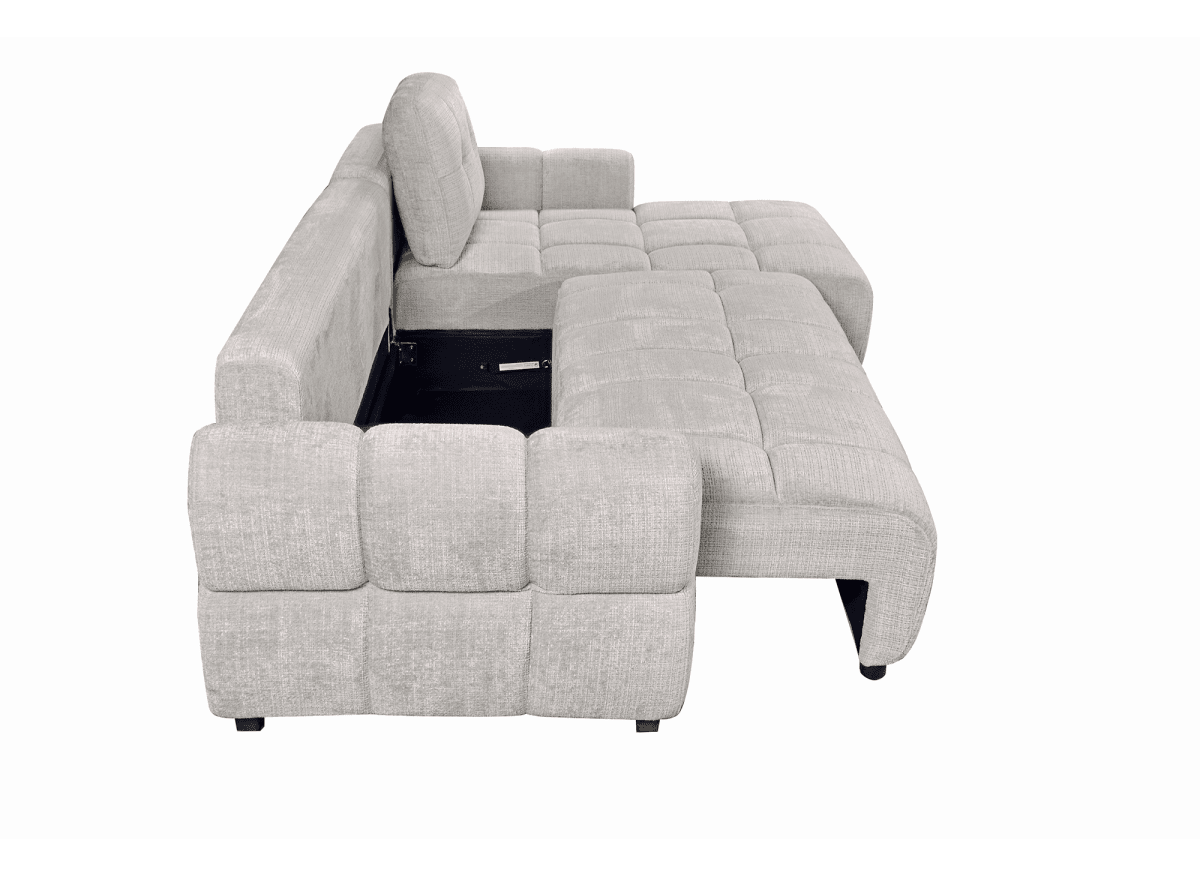 Canapé d'angle convertible avec coffre en velours chiné beige MAHLONE - Angle droit - DécoInParis