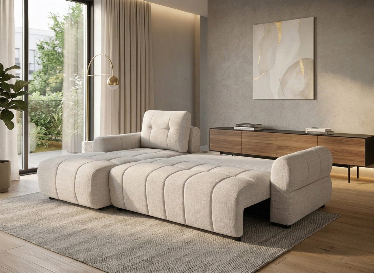 Canapé d'angle convertible avec coffre en velours chiné beige MAHLONE - Angle gauche - DécoInParis