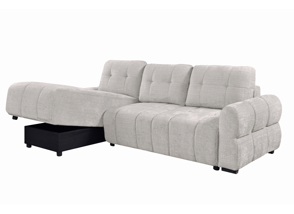 Canapé d'angle convertible avec coffre en velours chiné beige MAHLONE - Angle gauche - DécoInParis