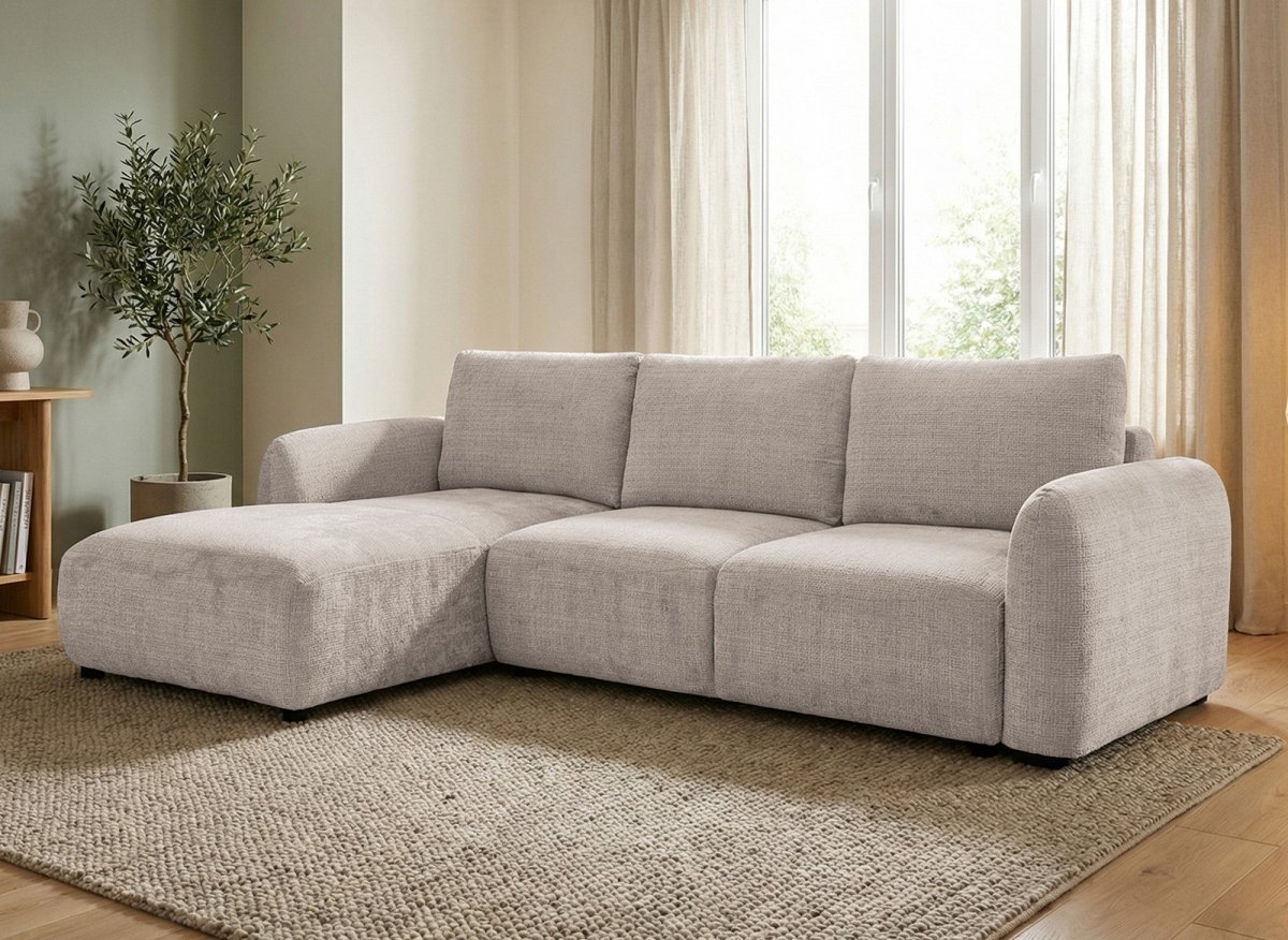 Canapé d'angle convertible avec coffre en velours chiné beige MARLA - Angle gauche - DécoInParis