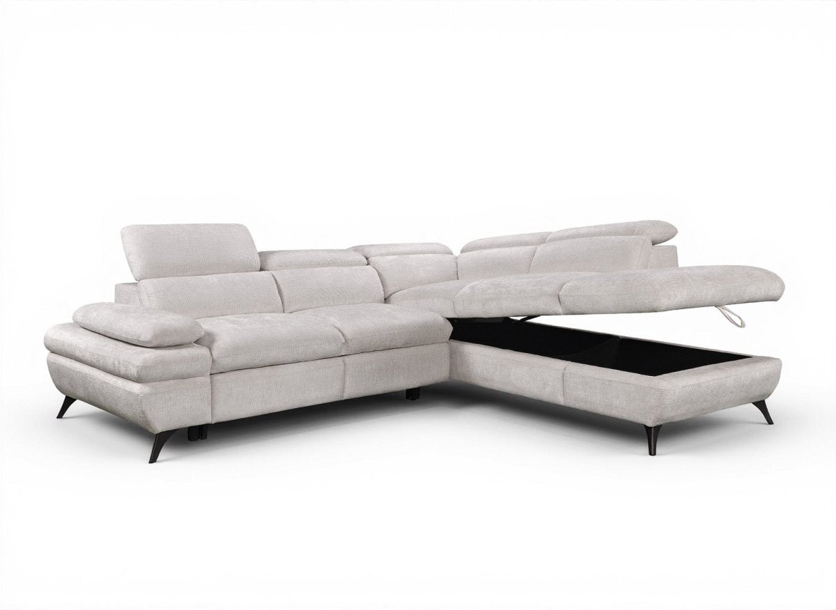 Canapé d'angle convertible avec coffre en velours chiné blanc écru LUFY - Angle droit - DécoInParis