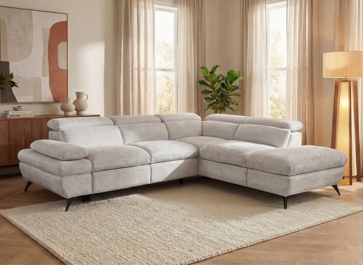 Canapé d'angle convertible avec coffre en velours chiné blanc écru LUFY - Angle droit - DécoInParis