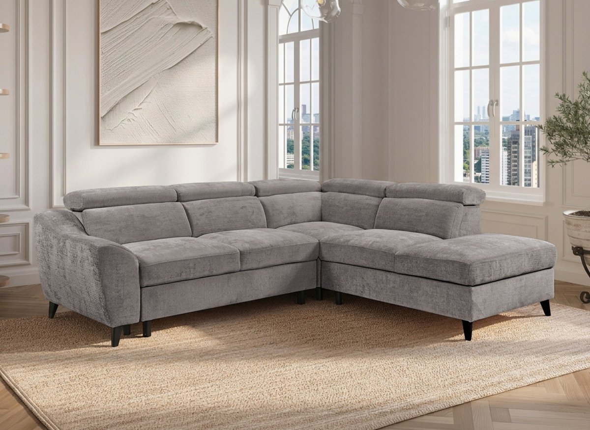 Canapé d'angle convertible avec coffre en velours chiné gris DALTON - Angle droit - DécoInParis