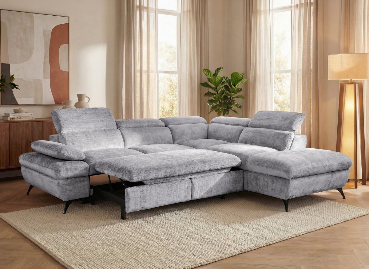 Canapé d'angle convertible avec coffre en velours chiné gris LUFY - Angle droit - DécoInParis