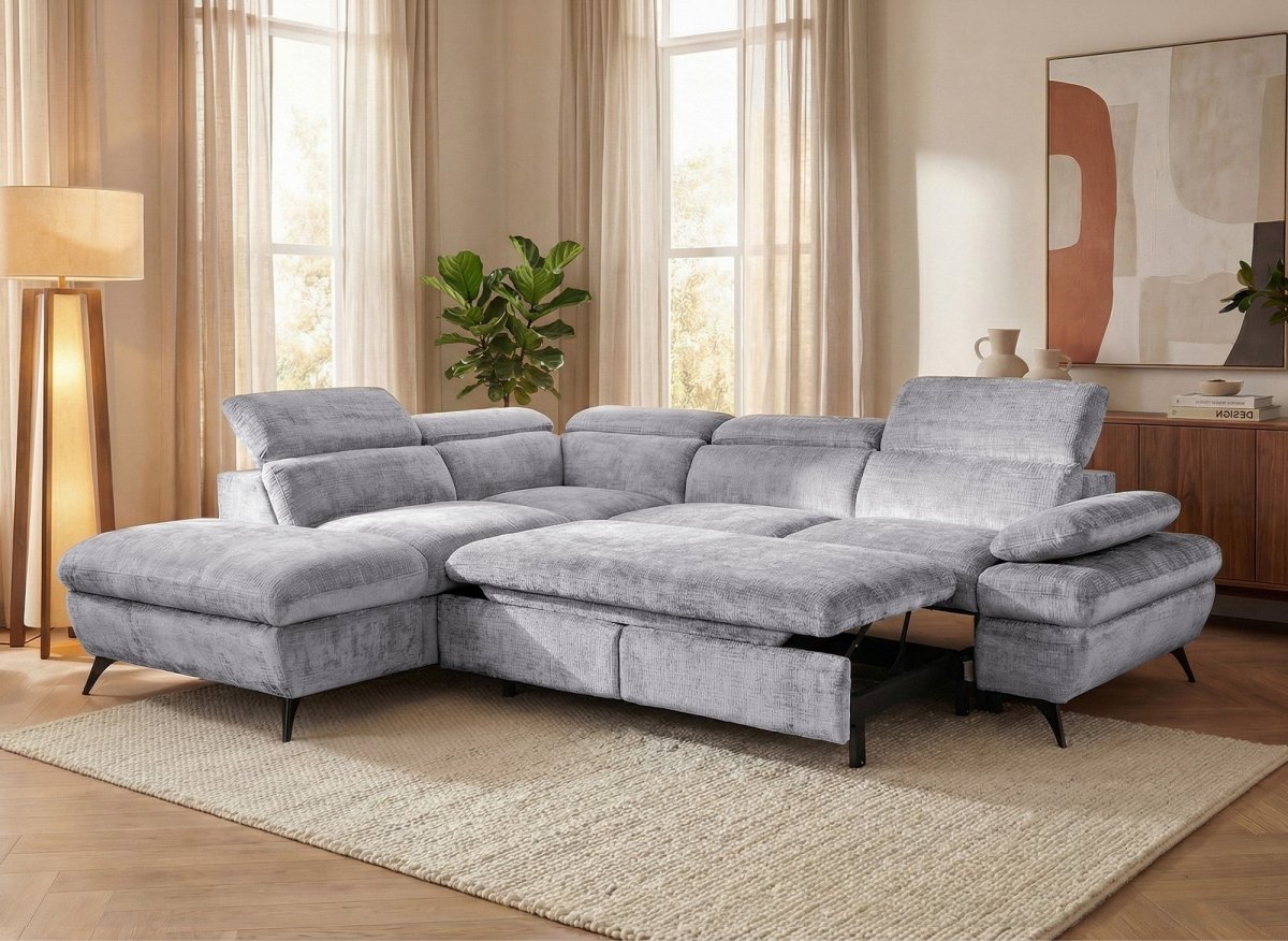 Canapé d'angle convertible avec coffre en velours chiné gris LUFY - Angle gauche - DécoInParis