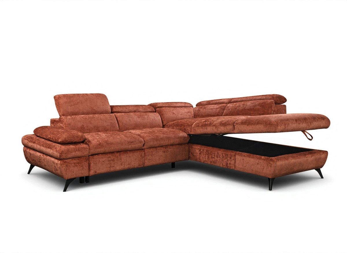 Canapé d'angle convertible avec coffre en velours chiné terracotta LUFY - Angle droit - DécoInParis