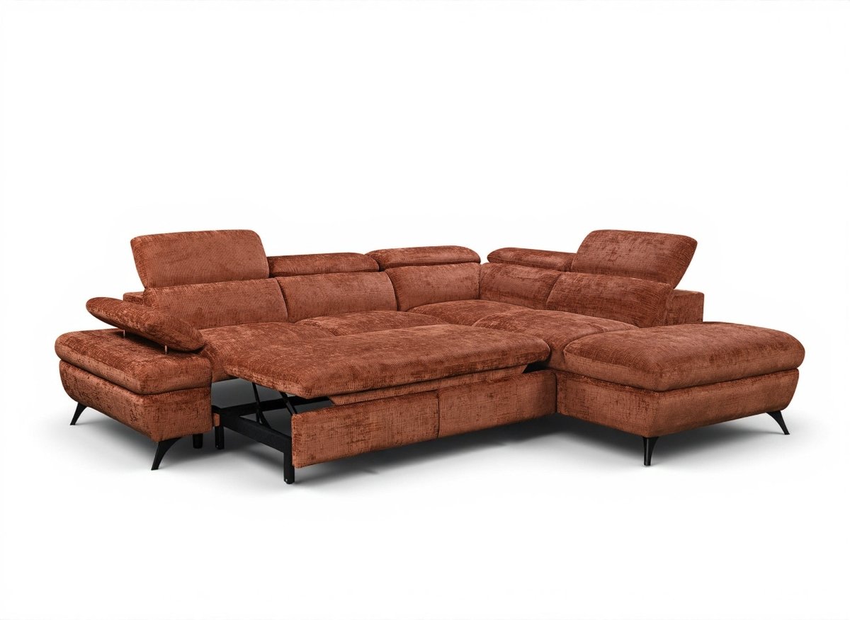 Canapé d'angle convertible avec coffre en velours chiné terracotta LUFY - Angle droit - DécoInParis